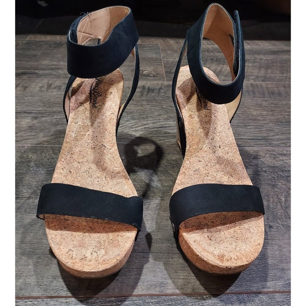 Lucky Brand Black Suede Sandal Ankle Strap Cork Wedge Heel Size7.5M USA Mcdowell - Picture 2 of 9